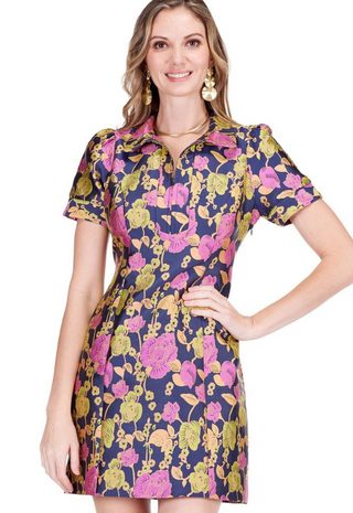 Front Zip Fitted Dress Vibrant Vines Jade