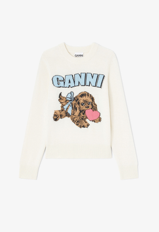Graphic Wool Mix Fluffy Puppy Love Crewneck Egret Ganni