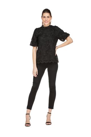 Lace Puff Sleeve Top Black Jade