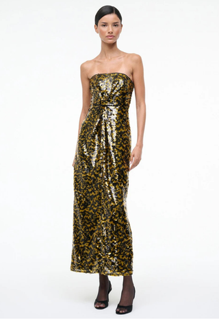 staud strapless sequin dress STAUD Casey dress butter yellow strapless sequin gown wedding guest cocktail by Staud