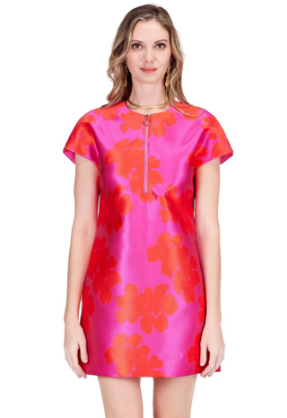 Zipper Shift Dress Hibiscus Brocade Jade