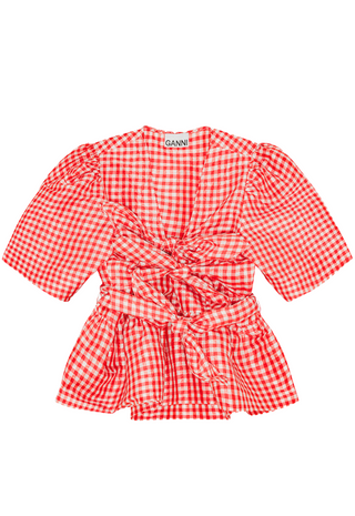 Crinkled Taffeta Check Tie Strap Blouse Red Alert - GANNI