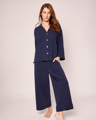 The Olivia Wide Leg Pima Pajama Set Navy Petite Plume