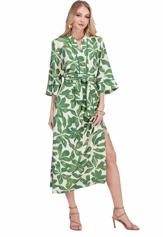 Button Pleated Midi Dress 50" Ivory Fern Jade