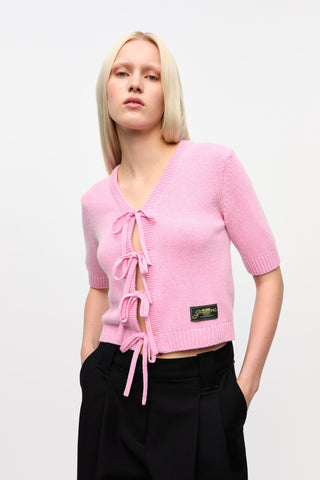 Future Wool Mix Short Sleeve Cardigan Primrose Pink Ganni