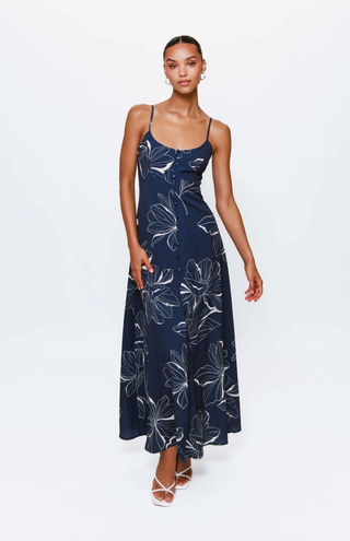 Valente Dress Navy Two Tone Block Print Floral Hutch