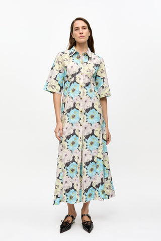 Printed Cotton Long Shirt Dress Multicolor GANNI