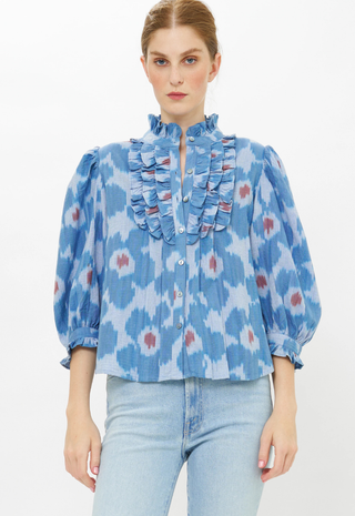 Ruffle Front Button Blouse Style Jinja Blue Oliphant