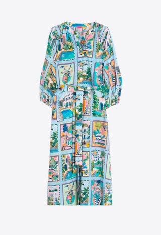 Turquoise Tropical Scenes Print Dress Vilagallo