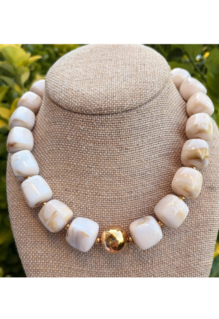 Beige Cube Bead Necklace With Gold Ball - Beige