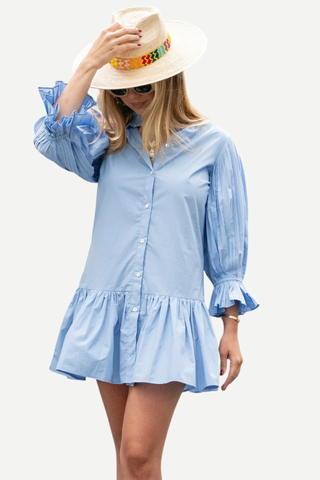 The Teri Ruffle Drop Mini Dress Placid Blue La Vida Riley