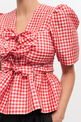 Crinkled Taffeta Check Tie Strap Blouse Red Alert - GANNI