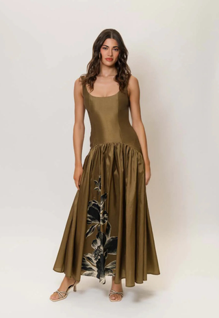 Ridge Dress Olive Placement Black Inverted Sketch Floral Hutch