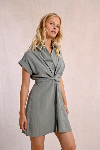 Tie Back Shirt Dress Sage Green Molly Bracken