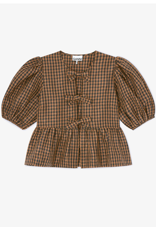 Crinkled Taffeta Check Peplum Blouse Tobacco Brown GANNI