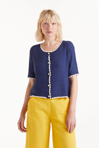 Navy Blue Short Sleeve Knit Sweater Compañia Fantastica