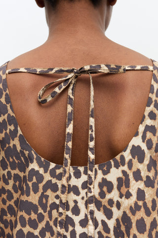 Printed Cotton Poplin U-neck Mini Dress Leopard - GANNI