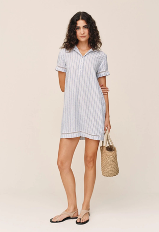 Short Sleeve Pullover Shirt Dress Ocean Blue Stripe Bella Dahl