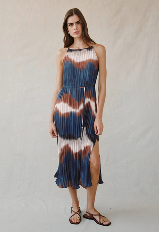 Pleated Midi Dress Side Slits Midnight Tides Bella Dahl