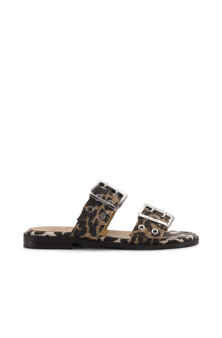 Feminine Buckle Two Strap Sandal Denim Print Leopard GANNI