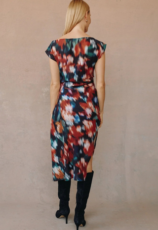 Boat Neck Cap Sleeve Midi Dress Blurred Floral Print Bella Dahl