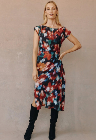 Boat Neck Cap Sleeve Midi Dress Blurred Floral Print Bella Dahl
