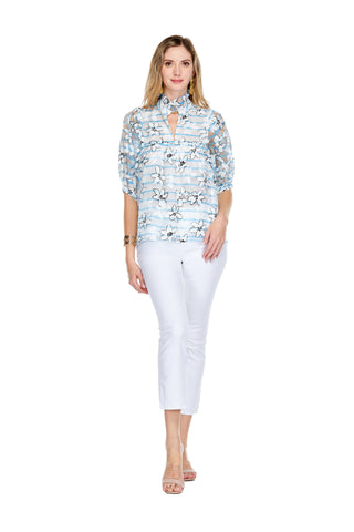 High Neck Puff Sleeve Top Blooming Silhouette Jade