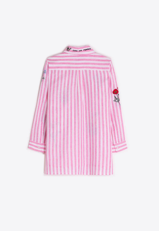 Pink Striped Shirt Embroidered Flowers Vilagallo
