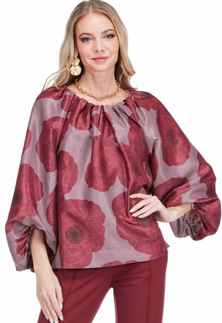 Bishop Sleeve Top Crimson Poppy Jade