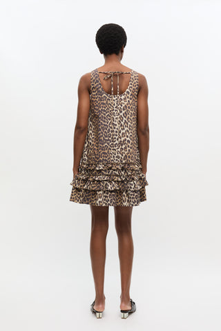 Printed Cotton Poplin U-neck Mini Dress Leopard - GANNI