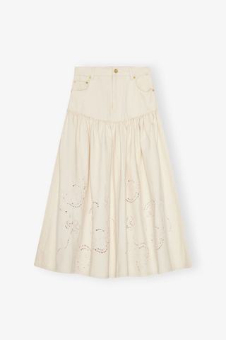 Broderie Anglaise Denim Long Skirt Egret Ganni