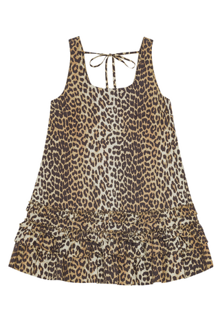 Printed Cotton Poplin U-neck Mini Dress Leopard - GANNI