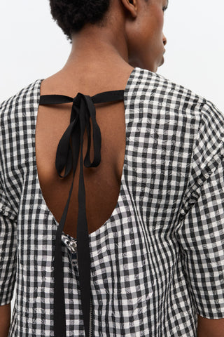 Crinkled Taffeta Check Open Back Mini Dress Black - GANNI