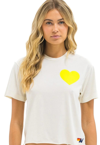 Heart Print Boyfriend Tee Vintage White Neon Yellow Aviator Nation