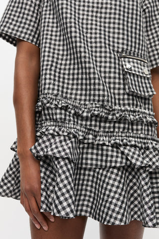 Crinkled Taffeta Check Open Back Mini Dress Black - GANNI
