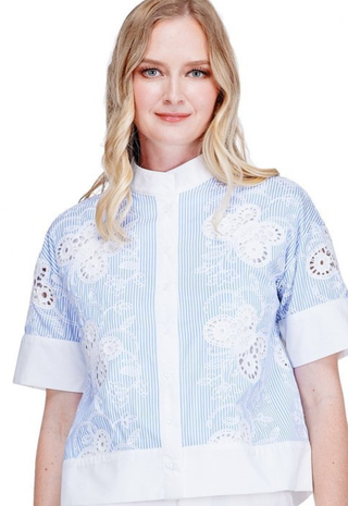 Stand Collar Shirt Butterfly Embroidered Jade
