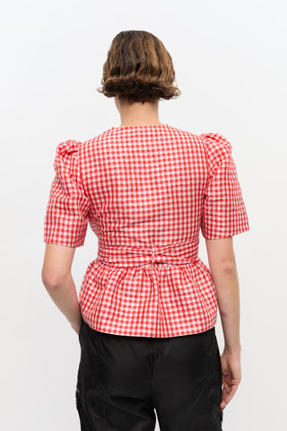 Crinkled Taffeta Check Tie Strap Blouse Red Alert - GANNI