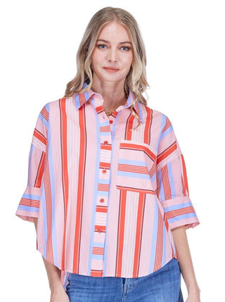 Button Short Sleeve Shirt Red Stripe JoyJoy