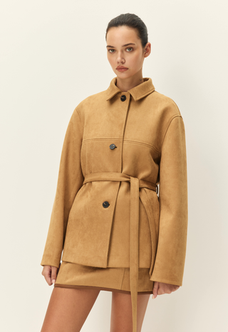 Terrain Belted Faux Suede Jacket Camel Elodie
