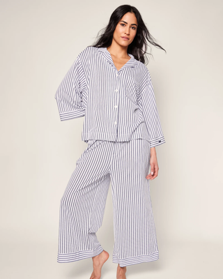 The Olivia Wide Leg Pima Pajama Set Navy French Ticking Petite Plume