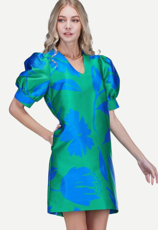V-Neck Puff Sleeve Dress Green Floral Brocade Jade