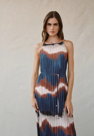 Pleated Midi Dress Side Slits Midnight Tides Bella Dahl