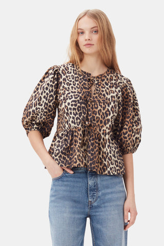 Printed Cotton Poplin Peplum Blouse Leopard GANNI