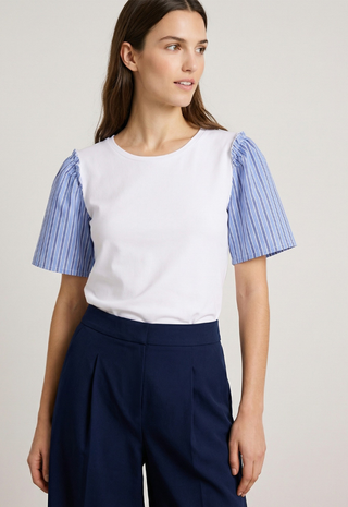 White Tee Light Blue Striped Sleeves - Vilagallo