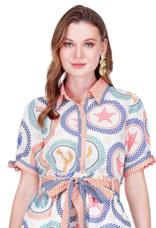 Sleeve Tie Blouse Tropical Medallions Joy Joy