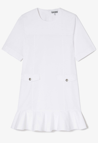 Stretch Cotton Mini Dress w. Frill Bright White GANNI