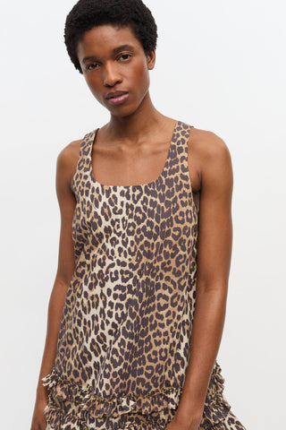 Printed Cotton Poplin U-neck Mini Dress Leopard - GANNI