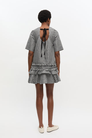 Crinkled Taffeta Check Open Back Mini Dress Black - GANNI