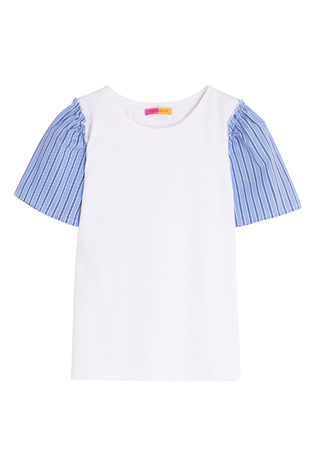 White Tee Light Blue Striped Sleeves - Vilagallo