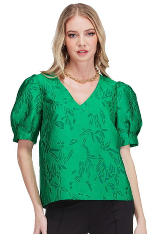 V-Neck Puff Sleeve Top Emerald Stitch Brocade Jade